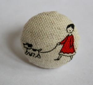 Lady and dog fabric covered ring 2